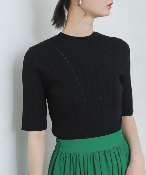 SENSE OF PLACE by URBAN RESEARCH（センスオブプレイスバイアーバンリサーチ）の「ランダムリブコンパクトセーター(5分袖)（ニット/セーター・レディース・ブラック/レッド/ベージュ/グリーン/オフホワイト・ONE）」の3枚目の写真