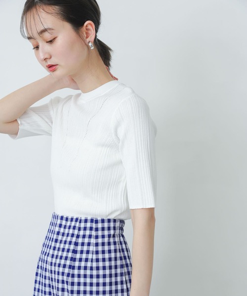 SENSE OF PLACE by URBAN RESEARCH（センスオブプレイスバイアーバンリサーチ）の「ランダムリブコンパクトセーター(5分袖)（ニット/セーター・レディース・ブラック/レッド/ベージュ/グリーン/オフホワイト・ONE）」の9枚目の写真