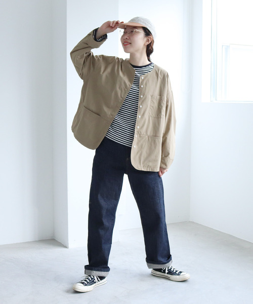 PAR ICI（パーリッシィ）の「リサイクルナイロン ノーカラージャケット (セットアップ対応)（ノーカラージャケット・レディース・ベージュ/ネイビー・FREE）」の7枚目の写真