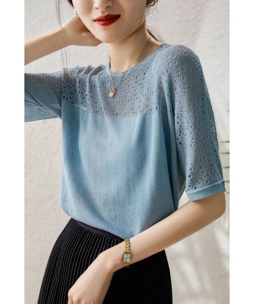LOPASS(ロパス)の「ハーフスリーブ クルーネックトップス/Tシャツ(Tシャツ/カットソー・レディース・パープル/ピンク/ブルー/グリーン・FREE)」の7枚目の写真