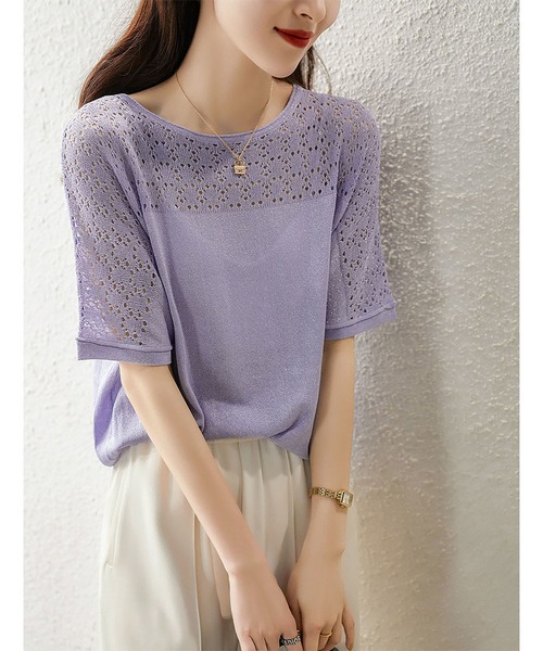 LOPASS(ロパス)の「ハーフスリーブ クルーネックトップス/Tシャツ(Tシャツ/カットソー・レディース・パープル/ピンク/ブルー/グリーン・FREE)」の11枚目の写真