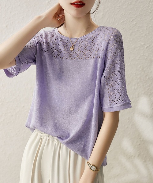 LOPASS(ロパス)の「ハーフスリーブ クルーネックトップス/Tシャツ(Tシャツ/カットソー・レディース・パープル/ピンク/ブルー/グリーン・FREE)」の12枚目の写真
