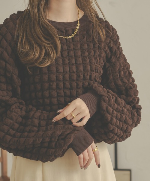 Ambre Neige（アンブルネージュ）の「ぽこぽこボリュームトップス／【WEB/EC限定商品】（Tシャツ/カットソー・レディース・アイボリー/ダークブラウン・FREE）」の2枚目の写真