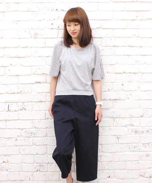 CIAOPANIC（チャオパニック）の「【Ciaopanic】テジン×T/R天竺袖ストライプP/O（Tシャツ/カットソー・レディース・ブラック/グレー/ネイビー/ライトブルー・FREE）」の7枚目の写真