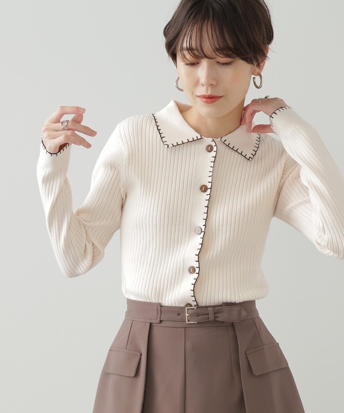 N.（N. Natural Beauty Basic）（エヌエヌナチュラルビューティーベーシック）の「◆ステッチ刺繍襟付カーディガン（カーディガン/ボレロ・レディース・ネイビー/ライトグリーン/クリーム・MEDIUM）」の2枚目の写真