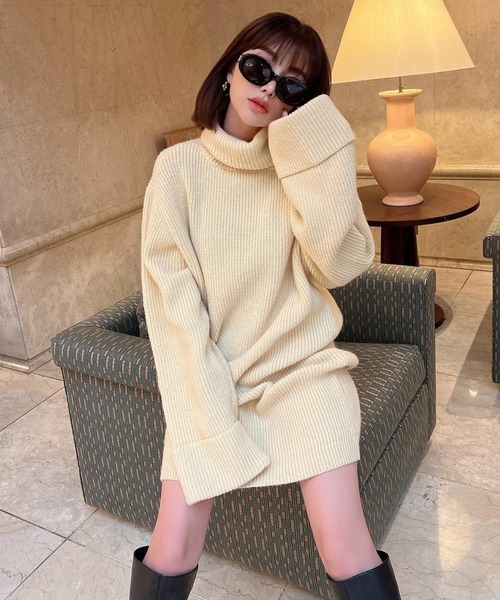 EIMY ISTOIRE(エイミーイストワール)の「オフロールルーズニットミニワンピース(ワンピース・レディース・ブラック/ライトイエロー/ホワイト/ブラウン/ピンク/ミント・FREE)」の5枚目の写真