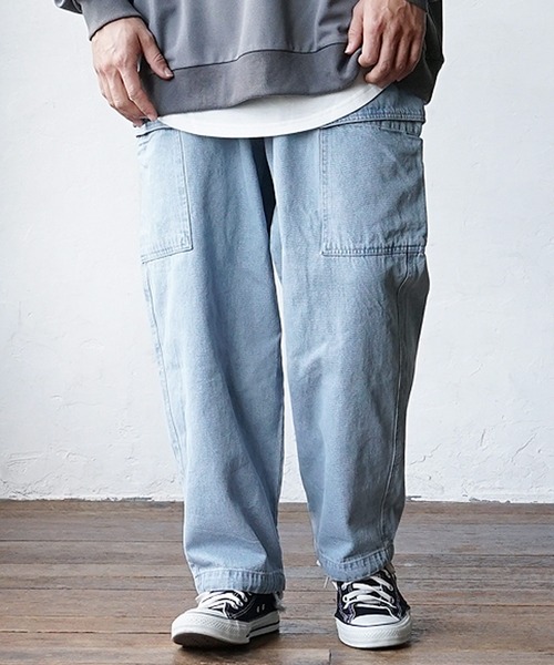 MinoriTY(マイノリティ)の「【MinoriTY】デニムイージーカーゴパンツ ワイドパンツ デニムパンツ メンズ 秋服 夏服(カーゴパンツ・メンズ・ブラック/ブルー・L/M)」の4枚目の写真