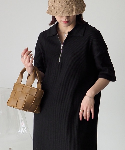 Riberry(リベリー)の「ワッフルハーフジップ半袖ワンピース(シャツワンピース・レディース・ブラック/オートミール・FREE)」の8枚目の写真