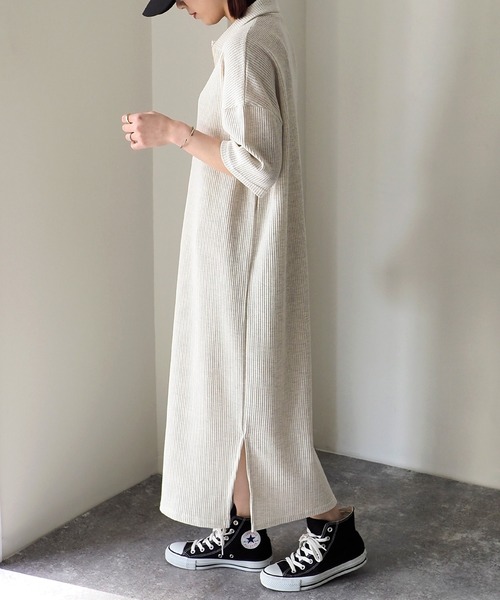 Riberry(リベリー)の「ワッフルハーフジップ半袖ワンピース(シャツワンピース・レディース・ブラック/オートミール・FREE)」の11枚目の写真