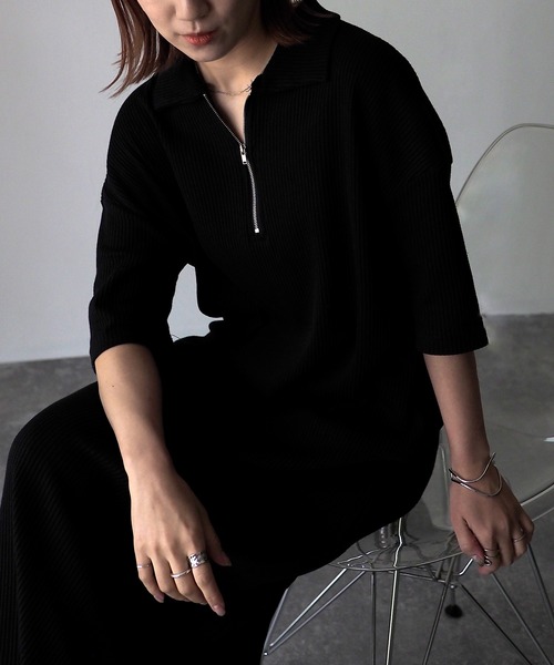 Riberry(リベリー)の「ワッフルハーフジップ半袖ワンピース(シャツワンピース・レディース・ブラック/オートミール・FREE)」の15枚目の写真