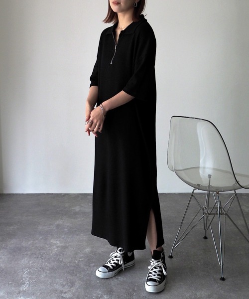 Riberry(リベリー)の「ワッフルハーフジップ半袖ワンピース(シャツワンピース・レディース・ブラック/オートミール・FREE)」の16枚目の写真