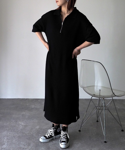 Riberry(リベリー)の「ワッフルハーフジップ半袖ワンピース(シャツワンピース・レディース・ブラック/オートミール・FREE)」の17枚目の写真