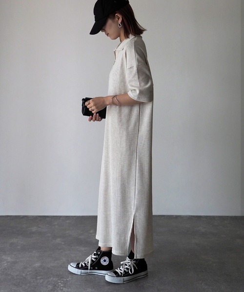 Riberry(リベリー)の「ワッフルハーフジップ半袖ワンピース(シャツワンピース・レディース・ブラック/オートミール・FREE)」の20枚目の写真