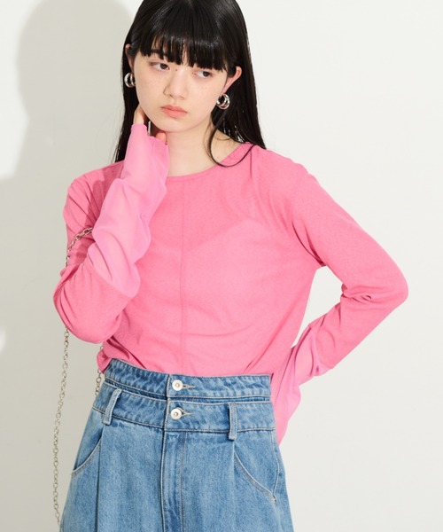 THE YOn（ザヨン）の「チュール切替シアートップス（Tシャツ/カットソー・レディース・ホワイト/ピンク/ブルー/ブラック/グレー/イエロー/オレンジ/ミント/アイボリー/グレイッシュベージュ/チャコールグレー/レモンイエロー・FREE）」の11枚目の写真