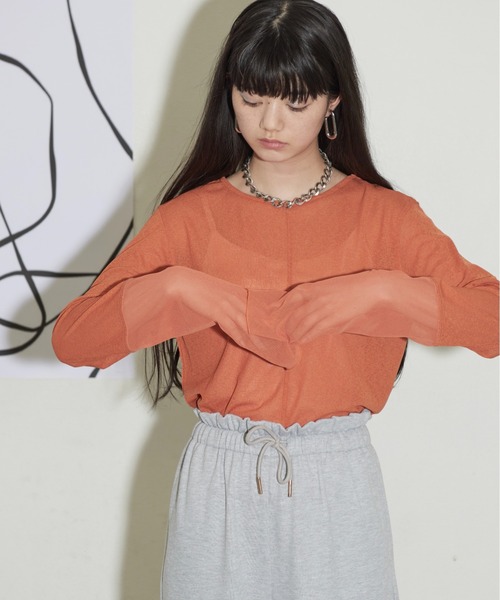 THE YOn（ザヨン）の「チュール切替シアートップス（Tシャツ/カットソー・レディース・ホワイト/ピンク/ブルー/ブラック/グレー/イエロー/オレンジ/ミント/アイボリー/グレイッシュベージュ/チャコールグレー/レモンイエロー・FREE）」の12枚目の写真