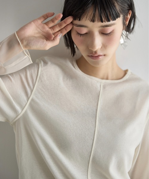 tシャツ 袖チュール切り替えトップス　Tシャツ・カットソー レディース 袖チュール切り替え半袖カットソー レディース トップス[品番