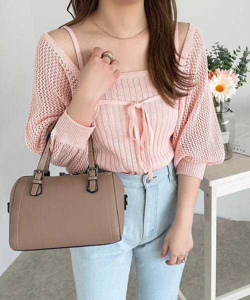 apres jour（アプレジュール）の「リブニットキャミ+メッシュカーディガン【ZOZOTOWN限定アイテム】（カーディガン/ボレロ・レディース・ブラック/ピンク/イエロー/アイボリー・X-LARGE/フリー）」の4枚目の写真