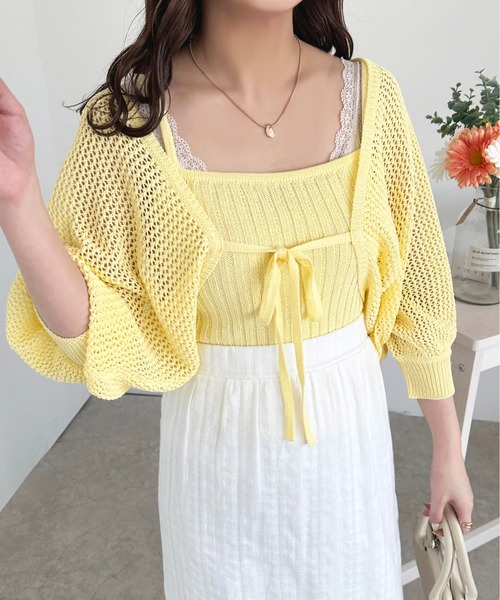 apres jour（アプレジュール）の「リブニットキャミ+メッシュカーディガン【ZOZOTOWN限定アイテム】（カーディガン/ボレロ・レディース・ブラック/ピンク/イエロー/アイボリー・X-LARGE/フリー）」の3枚目の写真