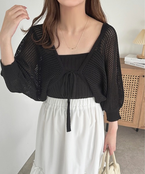 apres jour（アプレジュール）の「リブニットキャミ+メッシュカーディガン【ZOZOTOWN限定アイテム】（カーディガン/ボレロ・レディース・ブラック/ピンク/イエロー/アイボリー・X-LARGE/フリー）」の2枚目の写真