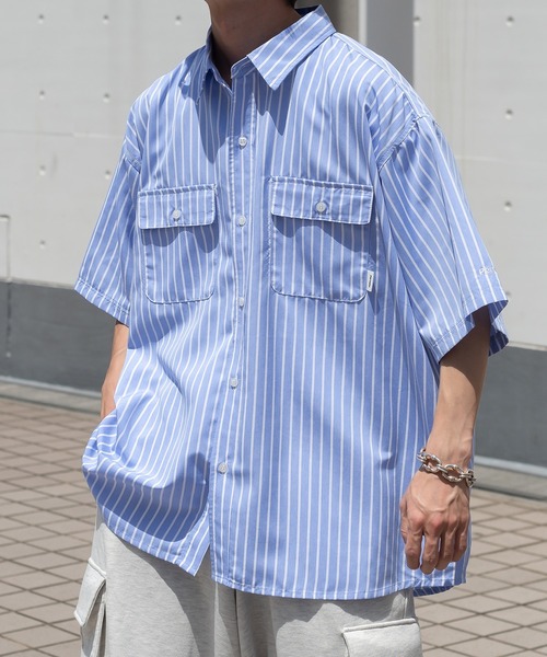 Perushu（ペルーシュ）の「ストライプ/無地ダブルポケットルーズシャツ（シャツ/ブラウス・メンズ・スモークピンク/ライトイエロー/オフホワイト/サックスブルー・MEDIUM/LARGE）」の3枚目の写真