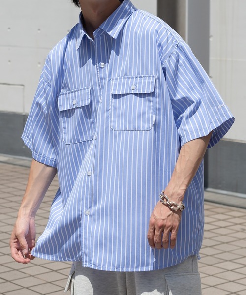 Perushu（ペルーシュ）の「ストライプ/無地ダブルポケットルーズシャツ（シャツ/ブラウス・メンズ・スモークピンク/ライトイエロー/オフホワイト/サックスブルー・MEDIUM/LARGE）」の18枚目の写真