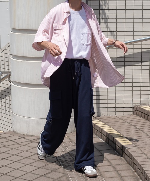 Perushu（ペルーシュ）の「ストライプ/無地ダブルポケットルーズシャツ（シャツ/ブラウス・メンズ・スモークピンク/ライトイエロー/オフホワイト/サックスブルー・MEDIUM/LARGE）」の9枚目の写真