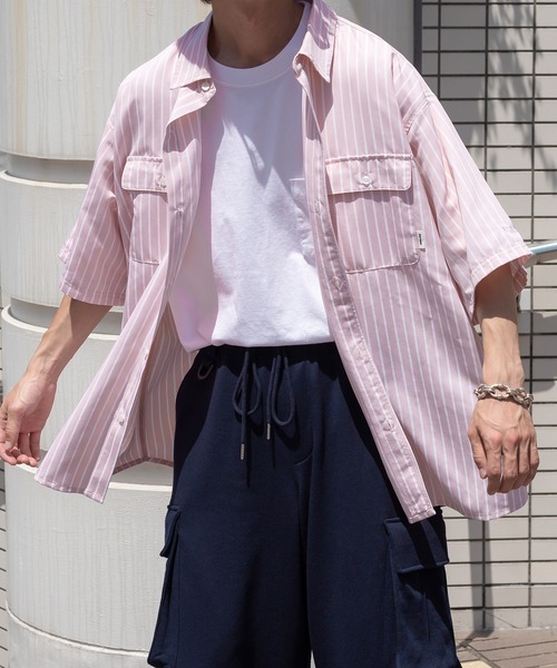 Perushu（ペルーシュ）の「ストライプ/無地ダブルポケットルーズシャツ（シャツ/ブラウス・メンズ・スモークピンク/ライトイエロー/オフホワイト/サックスブルー・MEDIUM/LARGE）」の15枚目の写真