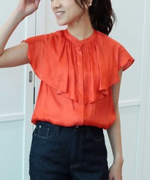 割繊サテン ケープカラーブラウス