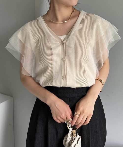 CAPRICIEUX LE'MAGE（カプリシューレマージュ）の「チュールフリルVネックニット（ニット/セーター・レディース・ブラック/ライトベージュ・FREE）」の16枚目の写真