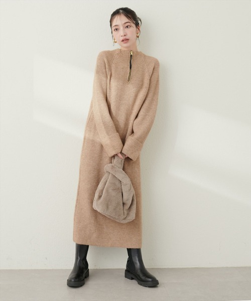 natural couture(ナチュラルクチュール)の「ZIP付き畦ニットワンピース(ワンピース・レディース・モカ/ブルー/ライトベージュ/カーキ/ブラック・FREE)」の3枚目の写真
