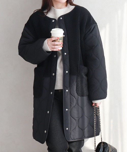 Social GIRL(ソーシャルガール)の「ノーカラーボア×ひょうたんキルトコート ノーカラーコート(ダウンジャケット/コート・レディース・ブラック/アイボリー/カーキ/オフホワイト・L/M)」の1枚目の写真