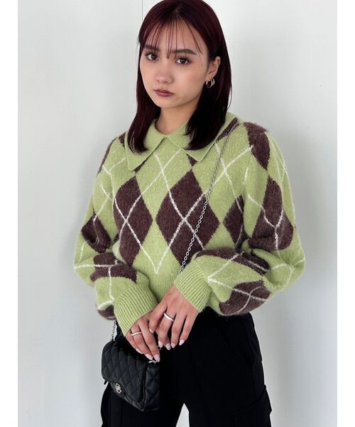 EMODA(エモダ)の「フラッフィーアーガイルニット(ニット/セーター・レディース・ベージュ/ライム/ブラック・FREE)」の3枚目の写真