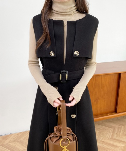 ABITOKYO（アビトーキョー）の「ウエストマークケープデザインキーネックジャンパースカート（ジャンパースカート・レディース・ベージュ系その他/ベージュ/ブラック・XL/L/M）」の5枚目の写真