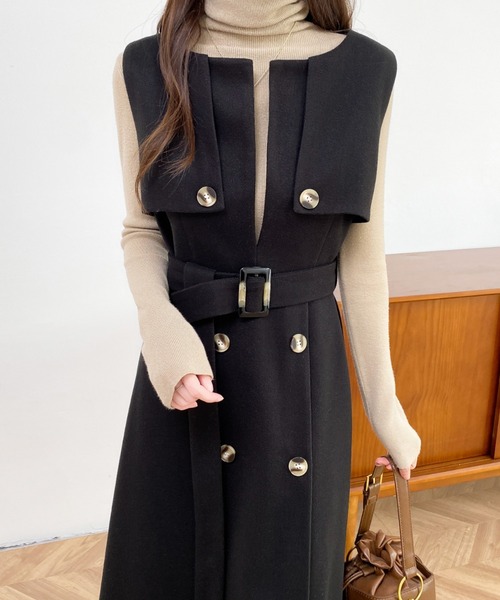 ABITOKYO（アビトーキョー）の「ウエストマークケープデザインキーネックジャンパースカート（ジャンパースカート・レディース・ベージュ系その他/ベージュ/ブラック・XL/L/M）」の6枚目の写真