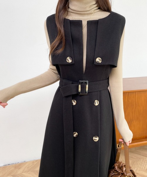 ABITOKYO（アビトーキョー）の「ウエストマークケープデザインキーネックジャンパースカート（ジャンパースカート・レディース・ベージュ系その他/ベージュ/ブラック・XL/L/M）」の7枚目の写真