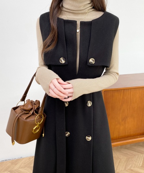 ABITOKYO（アビトーキョー）の「ウエストマークケープデザインキーネックジャンパースカート（ジャンパースカート・レディース・ベージュ系その他/ベージュ/ブラック・XL/L/M）」の8枚目の写真