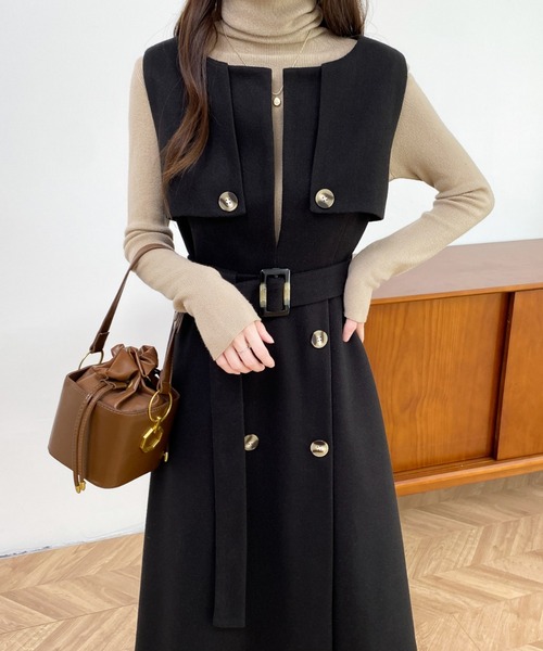 ABITOKYO（アビトーキョー）の「ウエストマークケープデザインキーネックジャンパースカート（ジャンパースカート・レディース・ベージュ系その他/ベージュ/ブラック・XL/L/M）」の9枚目の写真