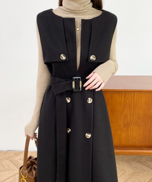 ABITOKYO（アビトーキョー）の「ウエストマークケープデザインキーネックジャンパースカート（ジャンパースカート・レディース・ベージュ系その他/ベージュ/ブラック・XL/L/M）」の10枚目の写真