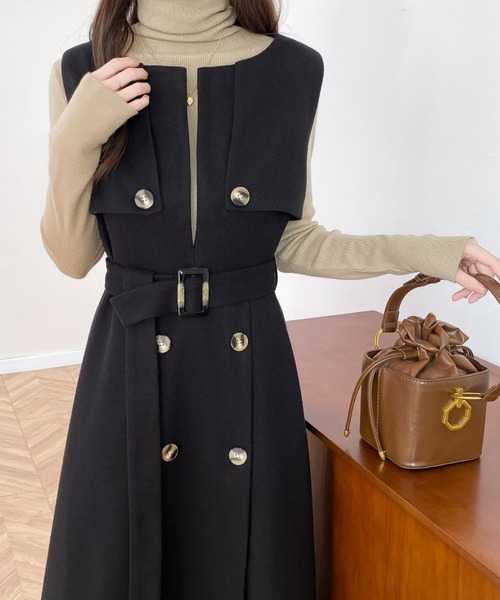 ABITOKYO（アビトーキョー）の「ウエストマークケープデザインキーネックジャンパースカート（ジャンパースカート・レディース・ベージュ系その他/ベージュ/ブラック・XL/L/M）」の12枚目の写真