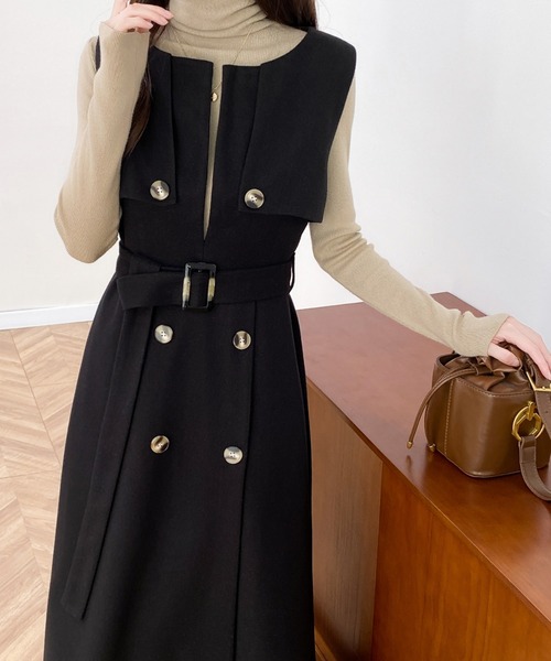 ABITOKYO（アビトーキョー）の「ウエストマークケープデザインキーネックジャンパースカート（ジャンパースカート・レディース・ベージュ系その他/ベージュ/ブラック・XL/L/M）」の13枚目の写真