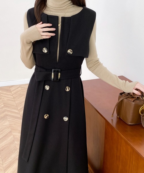 ABITOKYO（アビトーキョー）の「ウエストマークケープデザインキーネックジャンパースカート（ジャンパースカート・レディース・ベージュ系その他/ベージュ/ブラック・XL/L/M）」の14枚目の写真