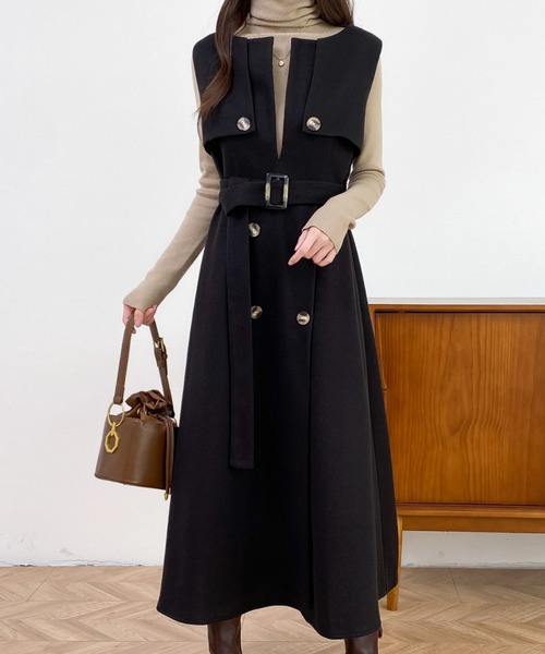 ABITOKYO（アビトーキョー）の「ウエストマークケープデザインキーネックジャンパースカート（ジャンパースカート・レディース・ベージュ系その他/ベージュ/ブラック・XL/L/M）」の15枚目の写真