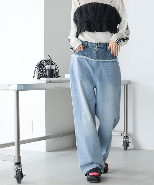 ダブルウエストワイドデニムパンツ dazzlin ジーンズ デニム デニムパンツ ダブルハイウエスト