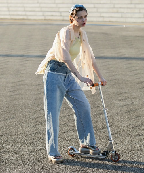 forksy.(フォルクシー)の「【forksy.】デニムダブルウエストバイカラーパンツ(デニムパンツ・レディース・ブルー/ダークグレー/サックスブルー系1・L/M)」の14枚目の写真