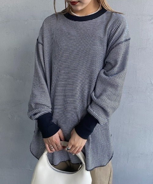Healthknit（ヘルスニット）の「[HEALTHKNIT/ヘルスニット] 別注 クルーネック ワッフルボーダーカットソー（Tシャツ/カットソー・レディース・ブラック/グリーン/レッド/ホワイト/ブラック系・F）」の8枚目の写真