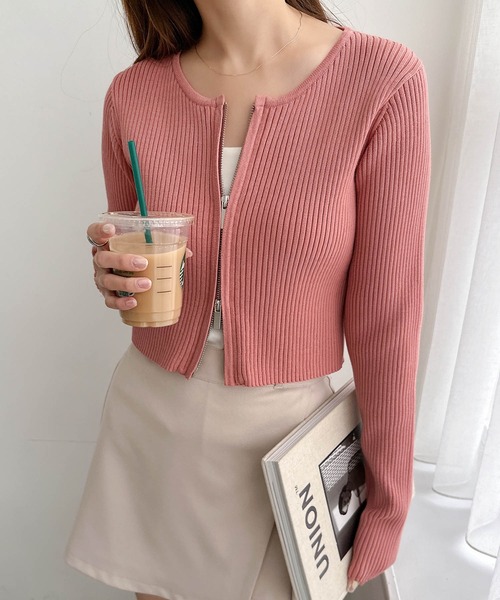 美品✨エムズグレイシー　リボンダブルジップアップ　ペプラムリブニットカーディガン M'S GRACY リボンダブルジップアップ ペプラムリブニットカーディガン