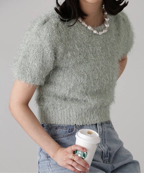 FREE'S MART（フリーズマート）の「フェザーパフスリーブ半袖ニット（ニット/セーター・レディース・レッド/ネイビー/グリーン系その他/オフホワイト/ライトブルー・FREE）」の3枚目の写真