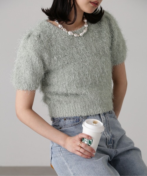 FREE'S MART（フリーズマート）の「フェザーパフスリーブ半袖ニット（ニット/セーター・レディース・レッド/ネイビー/グリーン系その他/オフホワイト/ライトブルー・FREE）」の21枚目の写真