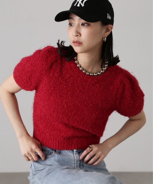 FREE'S MART（フリーズマート）の「フェザーパフスリーブ半袖ニット（ニット/セーター・レディース・レッド/ネイビー/グリーン系その他/オフホワイト/ライトブルー・FREE）」の6枚目の写真