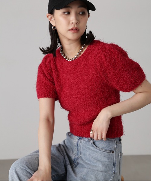 FREE'S MART（フリーズマート）の「フェザーパフスリーブ半袖ニット（ニット/セーター・レディース・レッド/ネイビー/グリーン系その他/オフホワイト/ライトブルー・FREE）」の7枚目の写真